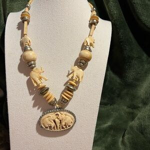 Vintage Bone Elephant Carved Necklace with Cream and Tan Accents